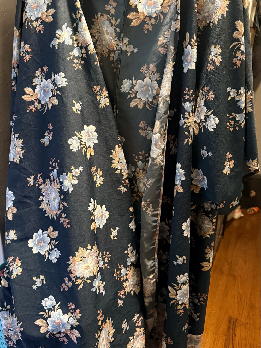 Floral Satin Kimono Robe - Navy Blue